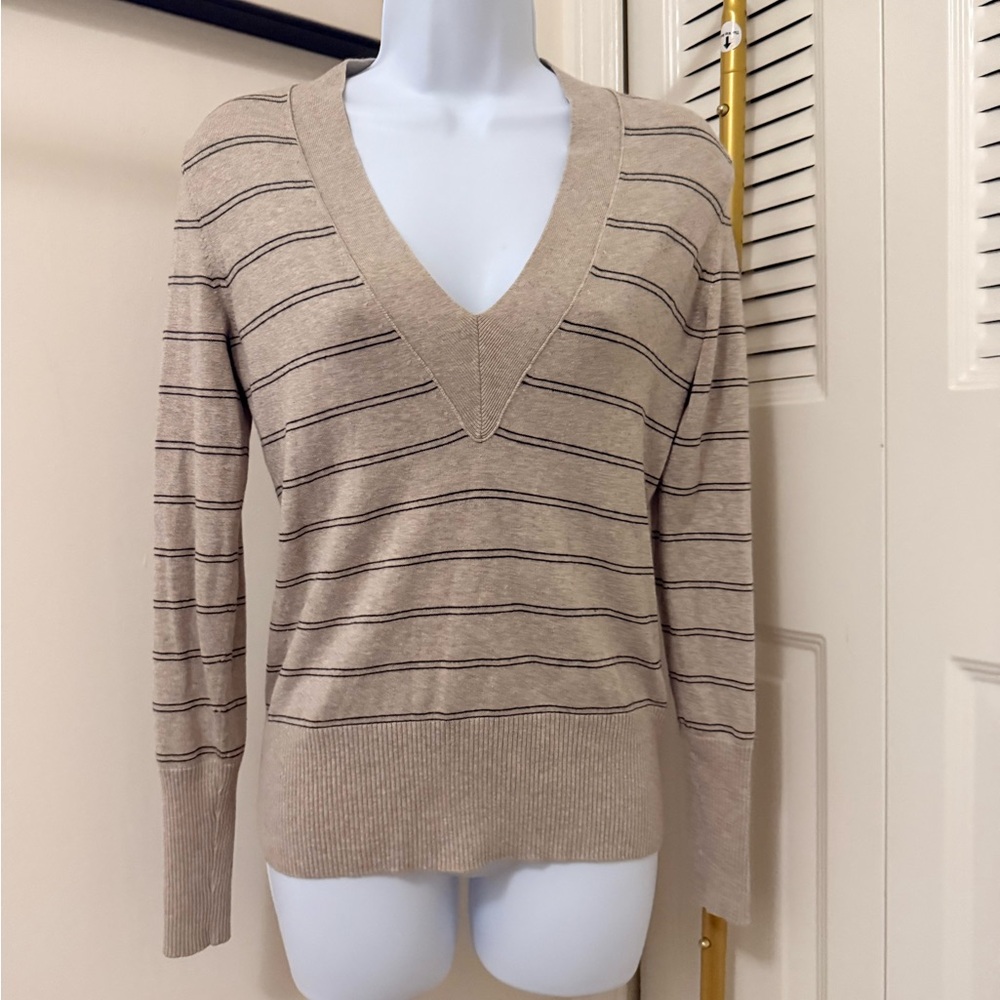 Banana Republic Woman Striped V-Neck Beige Sweater Cotton & Cashmere